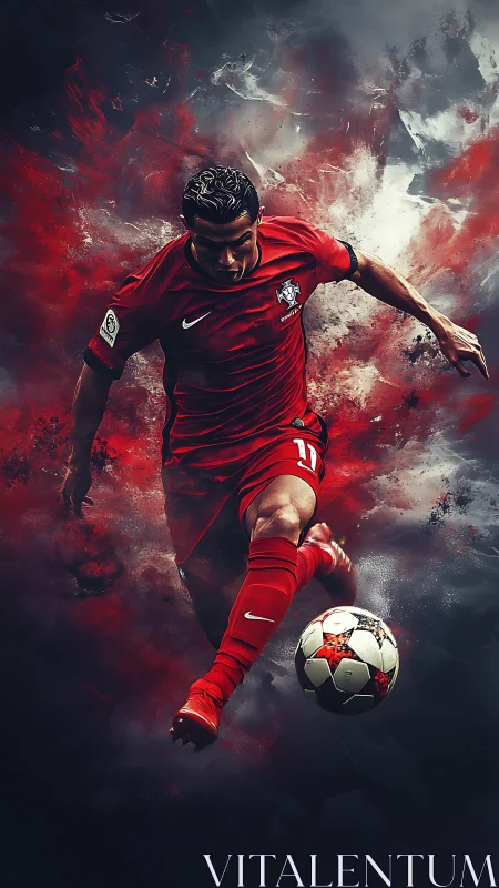 Explosive digital portrait of dynamic football striker in red.