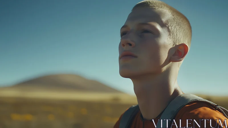 Young traveler gazes toward distant desert horizon in sunlight.