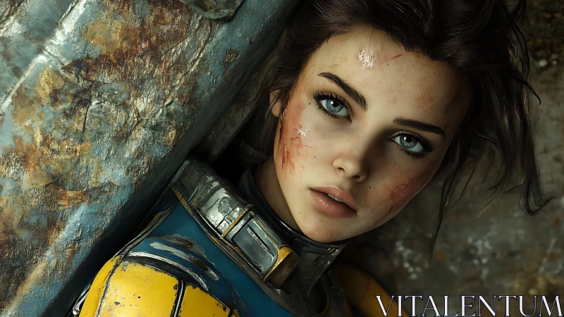 Battle-worn space heroine lies against rusted metal wall