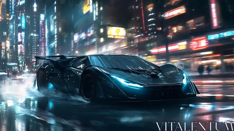 Futuristic hypercar slices through neon city rain at speed