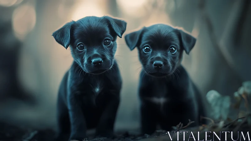 Two black puppies in soft focus outdoor portrait.