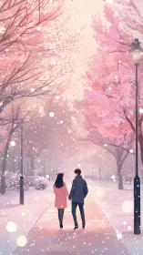 Couple walking on snowy path under pink winter trees.