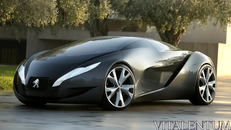 Sculpted black concept car glowing in soft afternoon light.