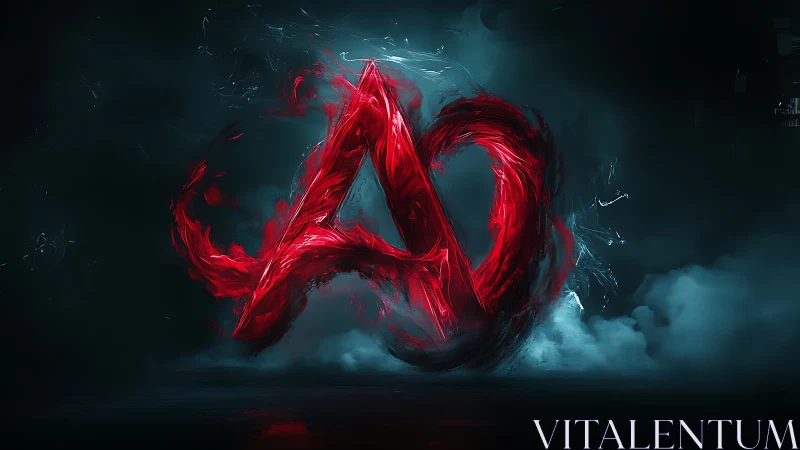 Digital painting of fiery red abstract A symbol in misty void.