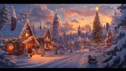 Snow-covered village displays lit houses and decorated tree