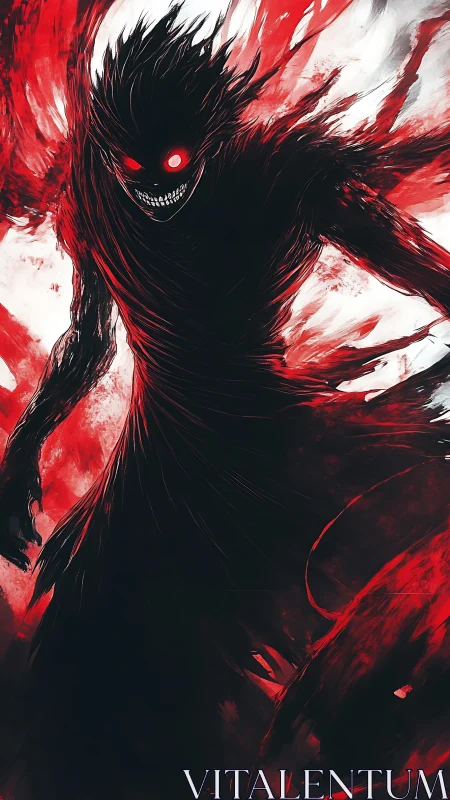 Dark humanoid silhouette advances with glowing red eyes