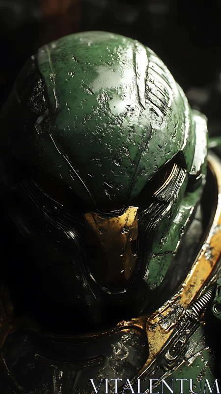 Close view of worn green sci fi combat helmet in darkness.