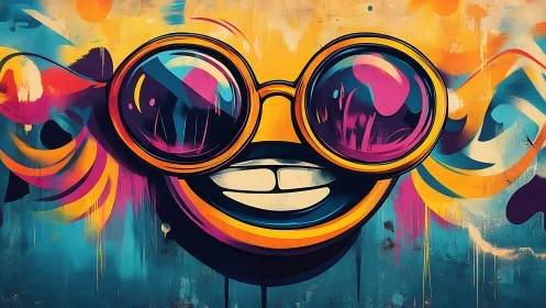 Neon sunglasses grin splashes graffiti joy across the wall