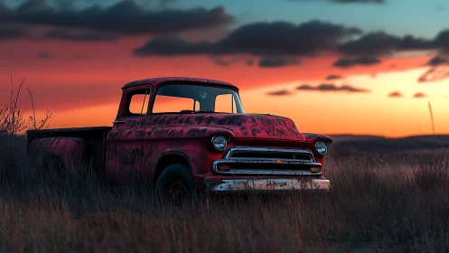 Sunset rests gently on an old red pickup in tall grass