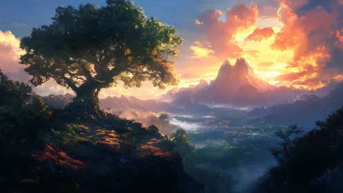 Large solitary tree overlooks distant illuminated mountain valley