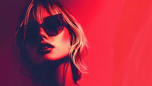 Stylized female portrait wearing sunglasses in red lighting.