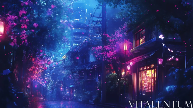 Urban alleyway shows neon-lit storefronts under dense foliage