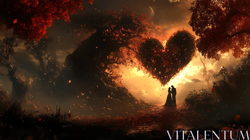 Silhouetted Figures in Fiery Landscape with Luminous Heart Formation
