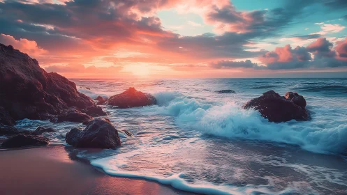 Sunlit surf crashing over coastal rocks at vivid dusk.