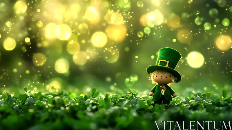 Tiny leprechaun in clover fields under glowing green lights.