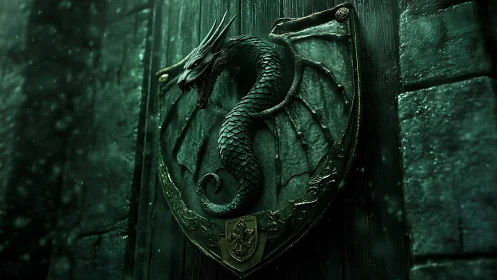Emerald dragon crest coils on ancient fortress door.