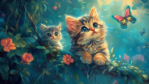 Felid Siblings Among Floral Environment with Lepidopteran Elements.