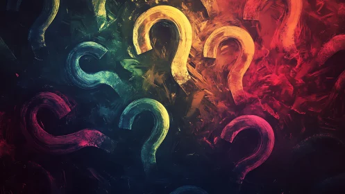 Colorful question mark pattern over textured dark field.