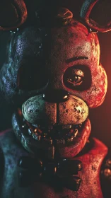 Rust-bitten animatronic bear stares through split firelight.