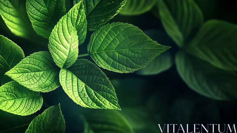Lush green leaves glow softly in dramatic close-up focus.