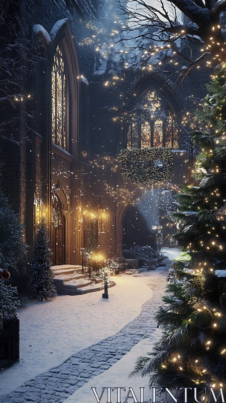 Gothic courtyard in nocturnal snowfall with luminous garlands.