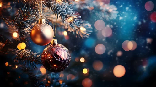 Close-up of glass ornaments on illuminated tree branch.