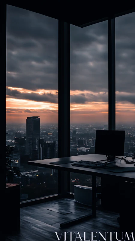 High-altitude office workspace with panoramic metropolitan skyline at dusk and dramatic cloud format