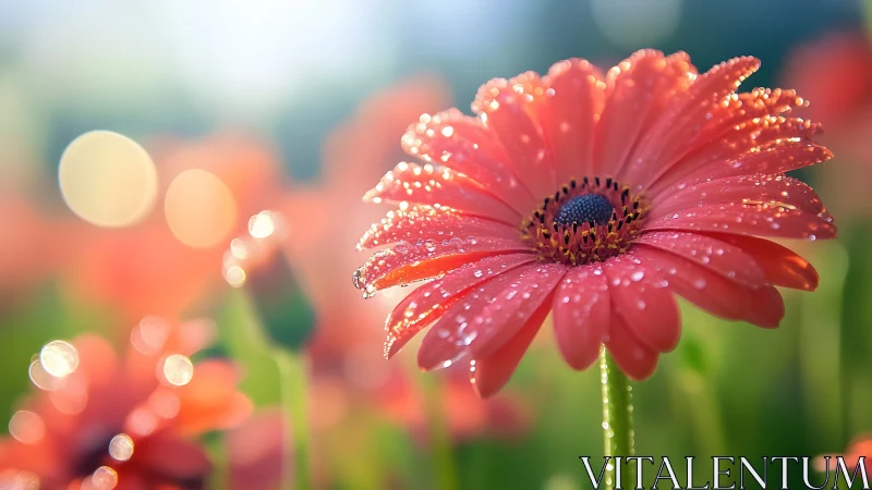 Red Gerbera Daisy Drenched Rain Droplets Close-Up