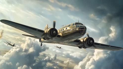 Vintage military bomber plane in dramatic cloudy sky scene.