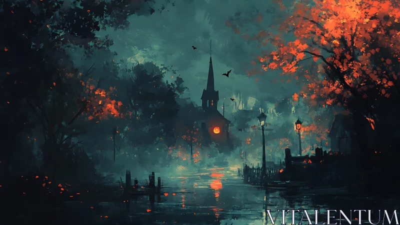 Nocturnal riverside chapel in mist with burning autumn foliage