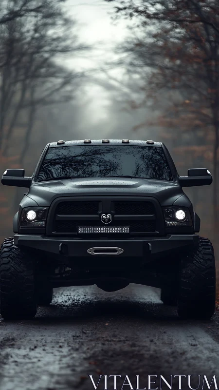 Lifted matte-black off-road pickup in misty forest alignment.
