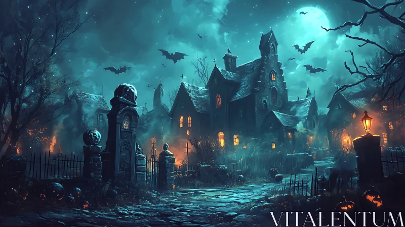 Haunted gothic mansion glows beneath a full moonlit sky.