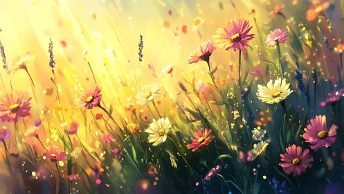 Wildflower meadow glows under golden backlit sunset.