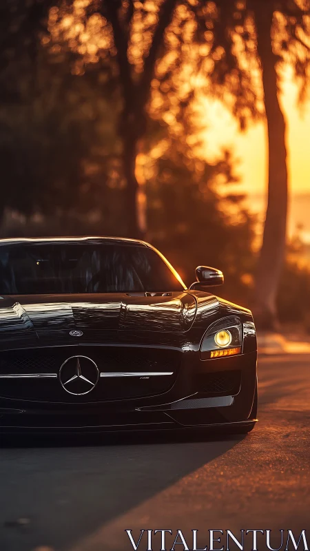 Photorealistic low-angle Mercedes coupe at golden hour street.