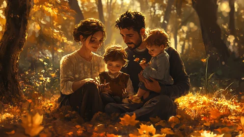Family gathering among autumn foliage in woodland setting.