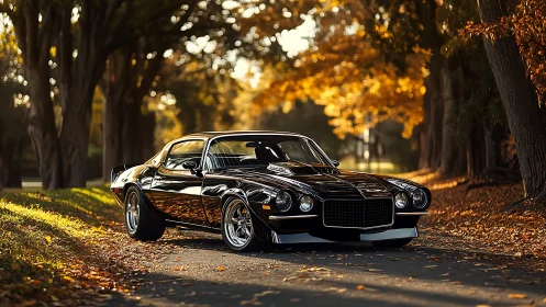 Restored black 1970s Camaro coupe on tree-lined autumn road