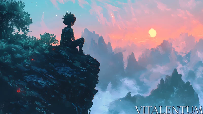 Solitary figure on cliff edge facing vivid fantasy sunset.