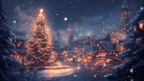 Snow-covered town square contains illuminated Christmas tree