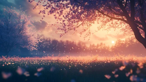 Backlit cherry blossom meadow at golden hour sunrise glow
