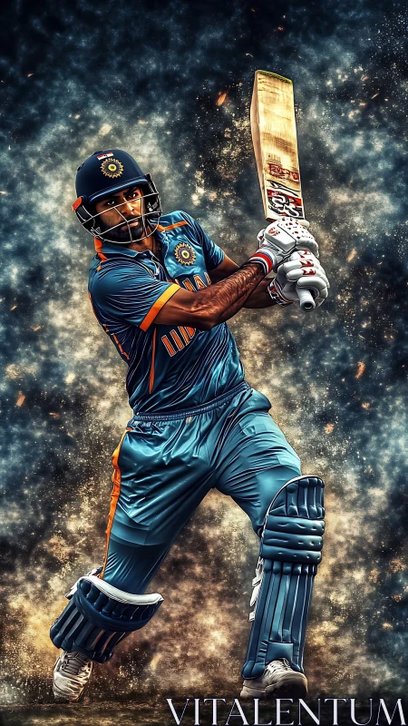 Cricket batsman in Indian kit drives ball with raised bat