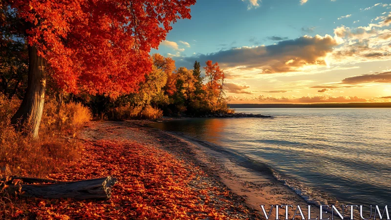 Sunlit shoreline curves beside dense red autumn foliage