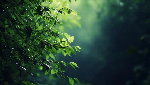 Sunlit raindrops resting on tender forest leaves after rain.