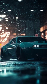 Widebody sports car sits on wet city street at night