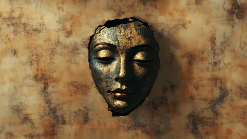 Serene golden mask emerging softly from textured silence.
