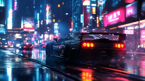 Neon-soaked supercar slices through rainy cyberpunk streets.