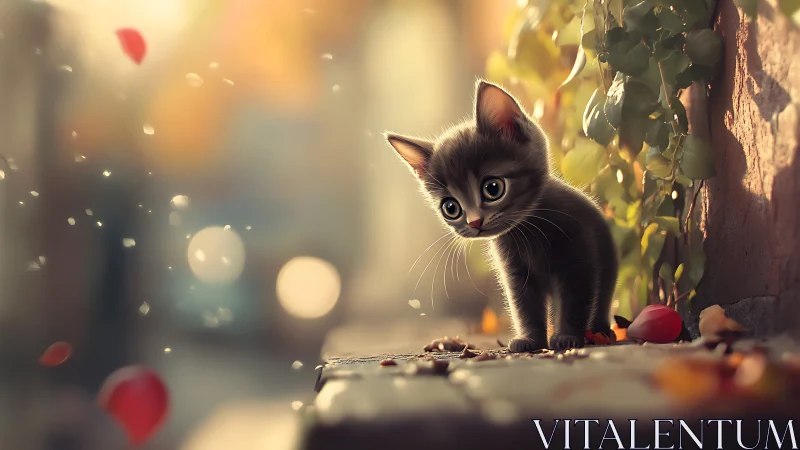 Black Kitten Peering Through Autumn Garden Light.