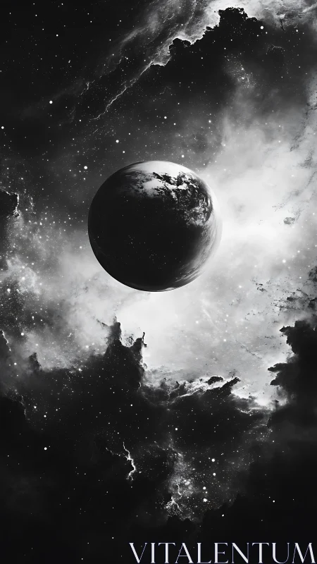 Monochrome planet sphere is centered within luminous nebula