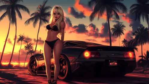 Neon-lit sports coupe and bikini figure in stylized sunset tropics.
