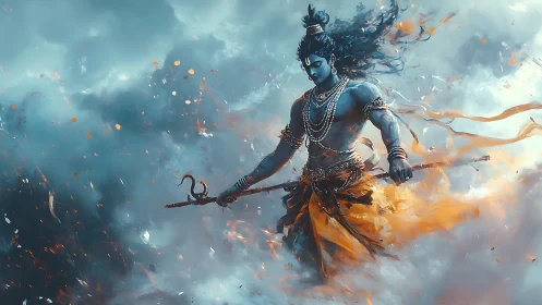 Divine warrior strides through storm with luminous saffron drapery