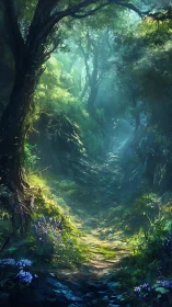 Enchanted Canyon Path: Where Luminous Trees Guard Ancient Stone Passages.